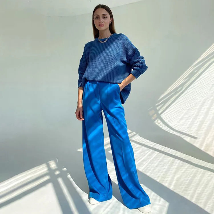 Aiertu Blue Office Women'S Pants Fashion Loose Full Length Ladies Trousers Casual High Waist Wide Pants For Women Aiertu