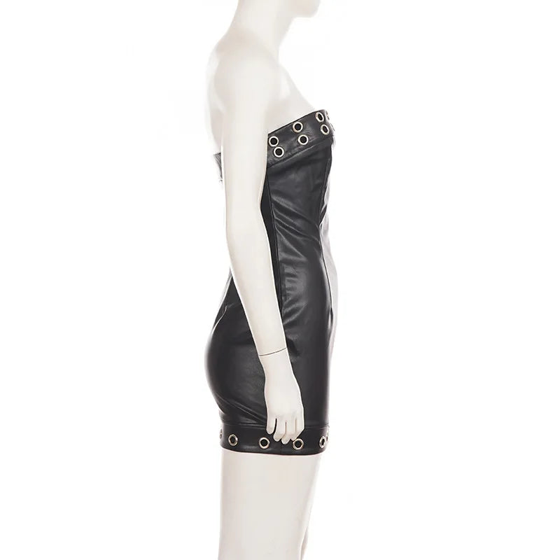 AIERTU  -  Faux Leather Strapless Mini Dress Eyelet Decor Bodycon Tube Dress Sleeveless Slim Fit Short Dress  Night Club Evening Outfit Aiertu