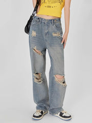 Aiertu Vintage Y2K Ripped Jeans Women Blue High Waist Straight Loose Denim Trousers Wide Leg Pants Streetwear Oversize Aiertu