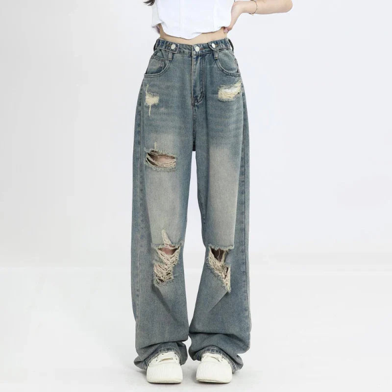 Aiertu Vintage Y2K Ripped Jeans Women Blue High Waist Straight Loose Denim Trousers Wide Leg Pants Streetwear Oversize Aiertu