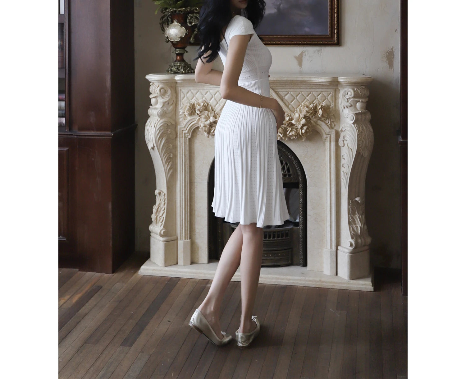 AIERTU  -  French U-neck Medium and Long Dress Women's Waist Slim Jacquard Design Temperament White Skirt Aiertu