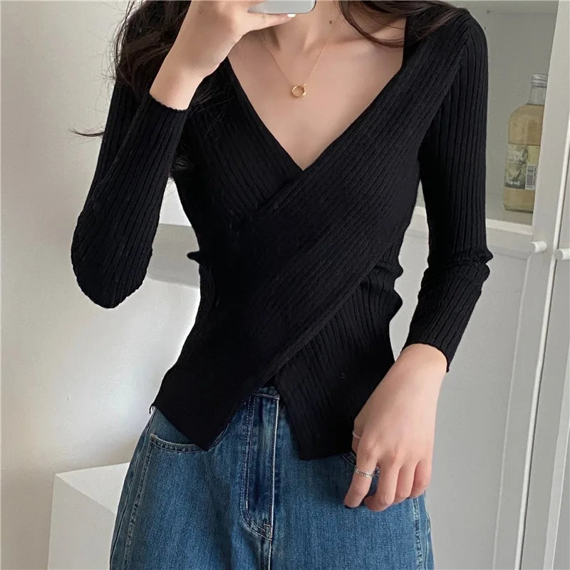 Autumn Winter Knitwear Tops Fashion Female Long Sleeve Skinny Elastic Casual V-neck Knitted Shirts Women Pullover Sweaters Aiertu