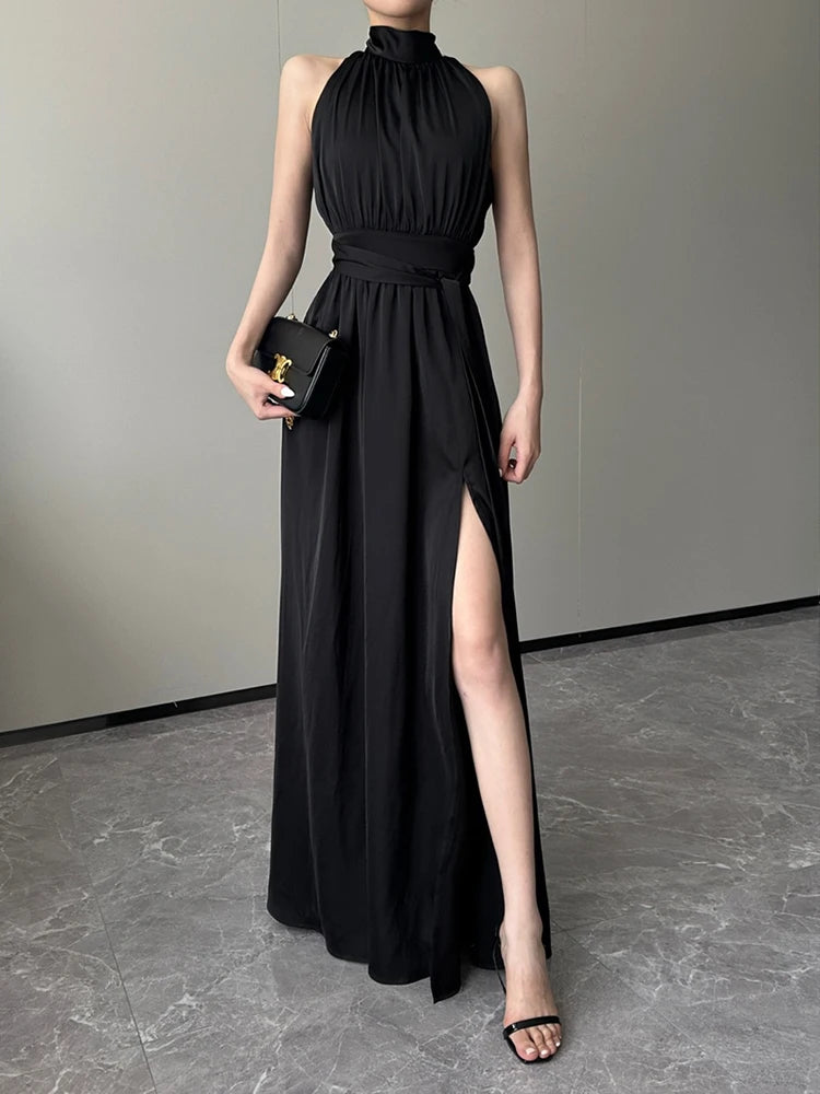 Aiertu Black Sexy Club Pleated Halter Split Dress Women 2024 Fashion Sleeveless Summer Lace Up High Waist Birthday Evening Party Dress Aiertu