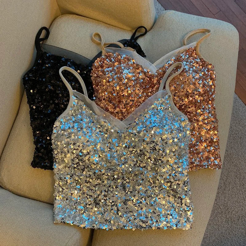 Sexy Sequin Party spaghetti Croset Bustier backless Slim Tanks and Camis Strap Glitter Crop Top Fashion Summer Women Clothes Y2k Aiertu