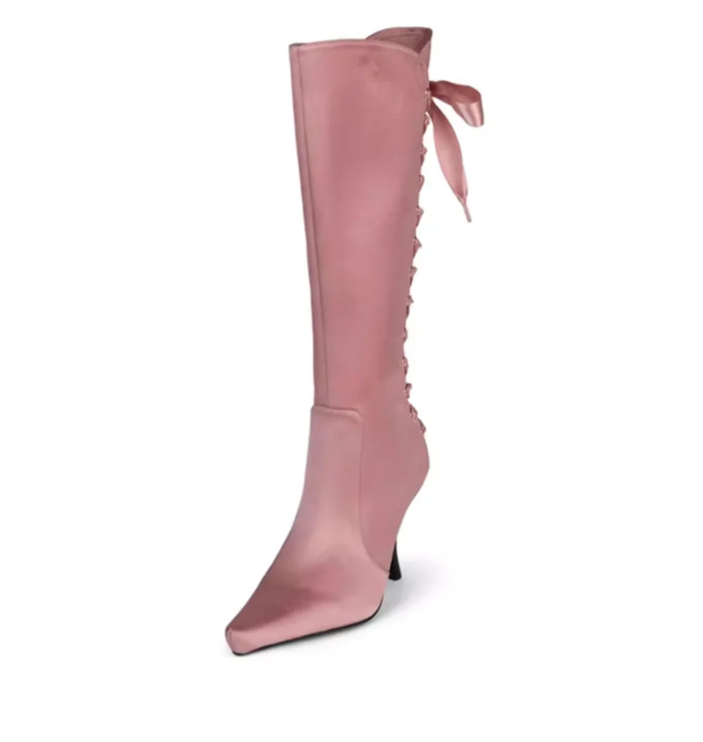 AIERTU  - Glam-Chic Design Blush Satin Pointed-Toe Knee-High Boots Lace-Up Bow Detail Elegant Stiletto Heel Romantic Soft Style Lady Boots Aiertu