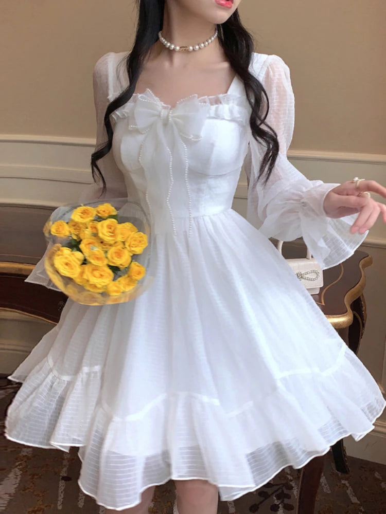 Aiertu White Kawaii Dress Women Chiffon Lolita Style Long Sleeve Mini Dresses Bow Fairy Robe Ruffles Patchwork Square Collar Aiertu
