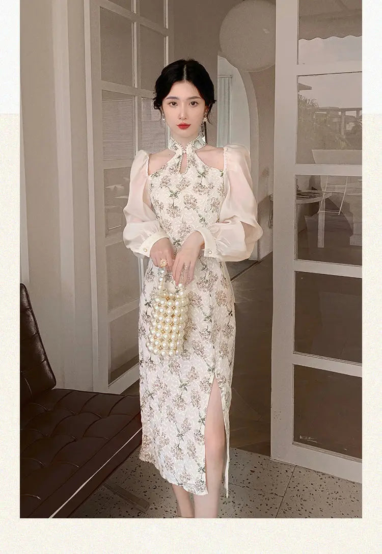 Aiertu Vintage Elegant Cheongsam Dress Women Floral Embroidery Design Party Fairy Dress Female 2022 Spring Court Retro Long Split Dress Aiertu