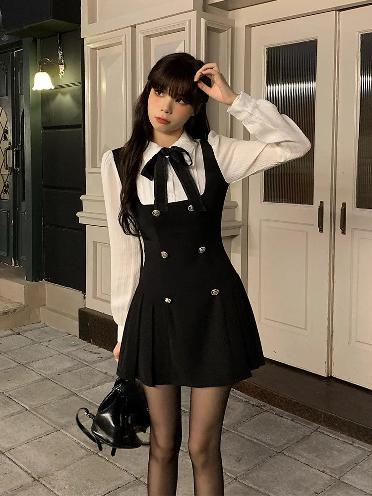 Aiertu Autumn Fake Two Dress Women Slim Chic Long Sleeve Bow Casual Y2k Mini Dress Female Korean Fashion Elegant Short Party Dress Aiertu