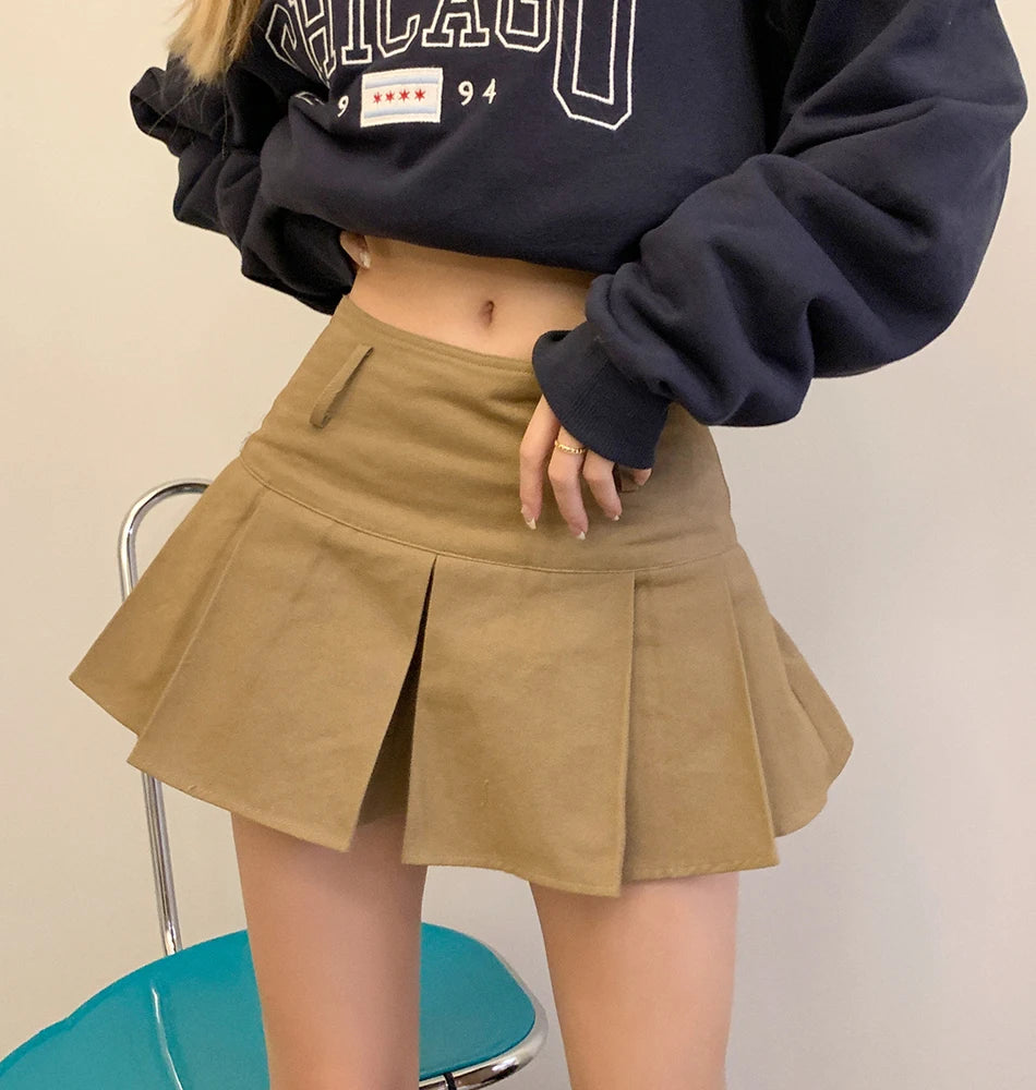 Aiertu Autumn Vintage Brown Elegant A-line Mini Skirts Women Pleated Sexy Club Short Skirt Female Fashion Streetwear Trend Popular Aiertu