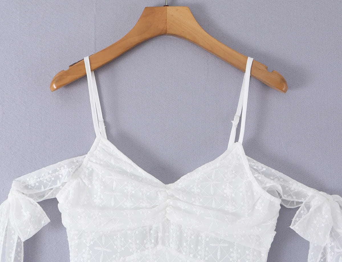 AIERTU  -  Summer White Lace Mini Dress Women Off Shoulder Tie Detail Sleeve V Neck Beach Party Irregular Dress Aiertu