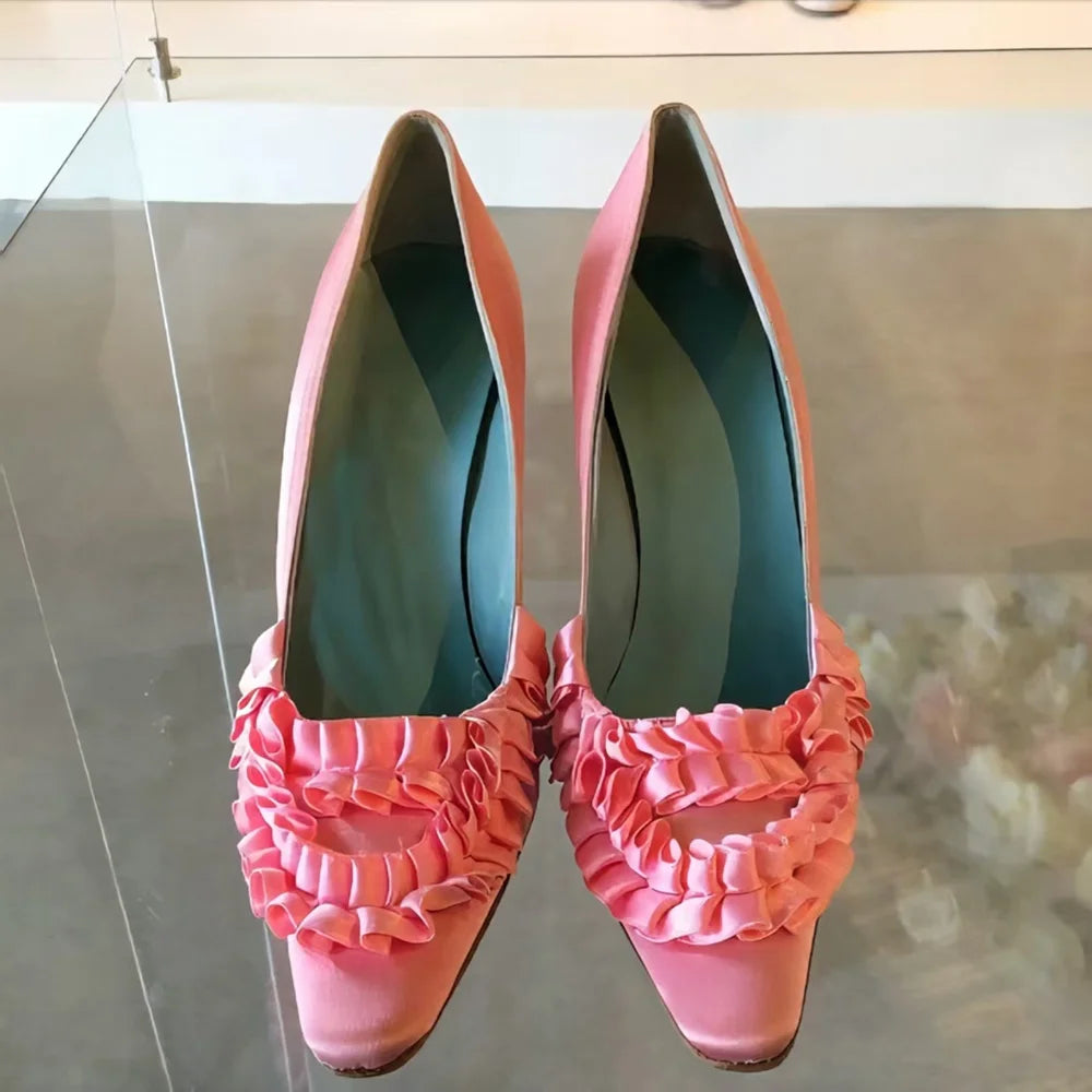AIERTU  -  Blush Pink Satin Pointed-Toe High Heels Ruffled Frill Trim Contrast Sky Blue Lining Elegant Sweet Women's Low-Cut Shoes Aiertu