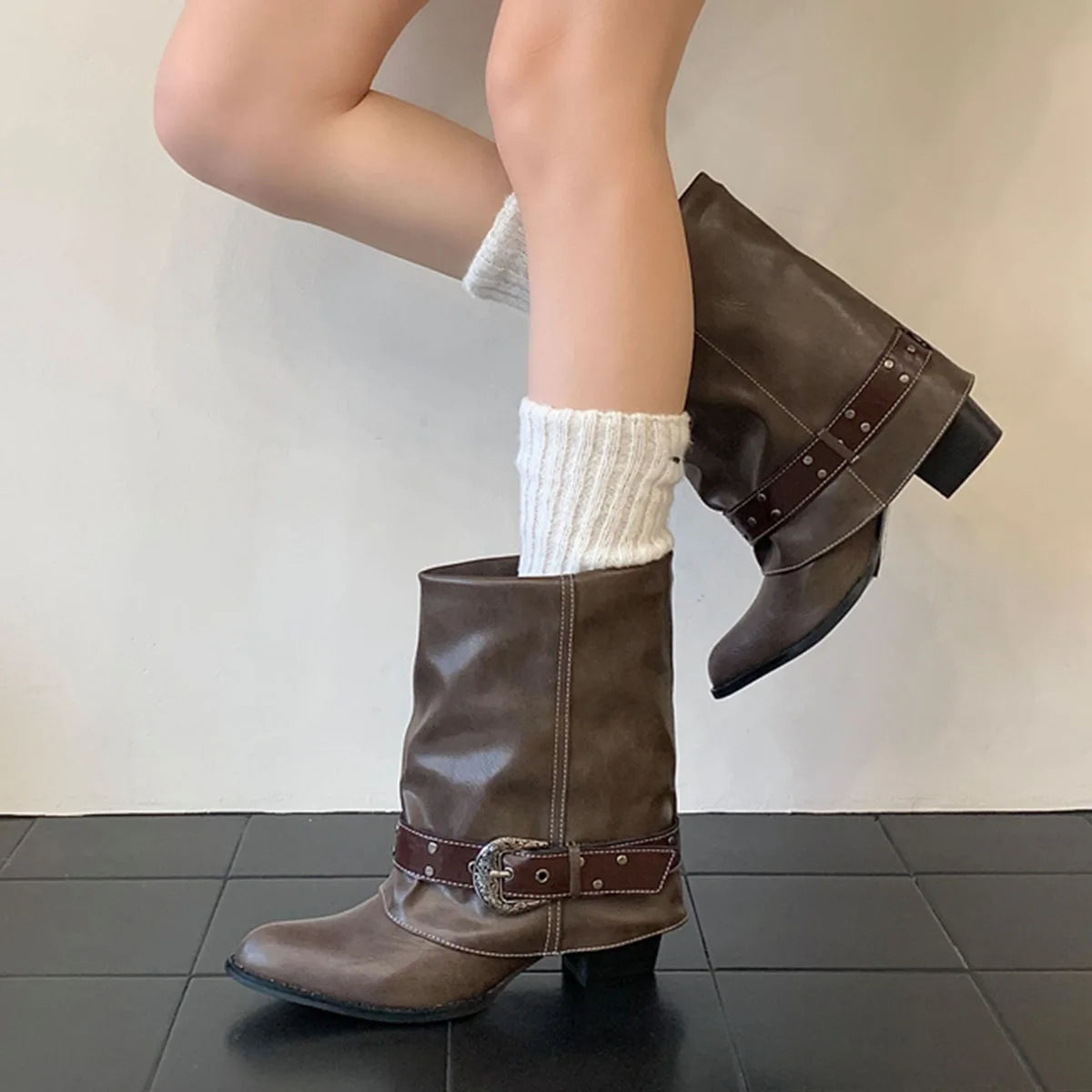 AIERTU  -  Women Western Cowboy Mid Calf Boots Vintage Pointed Toe Chunky Heel Riding Boots with Ornate Buckle Rivets Casual Ankle Boots Aiertu