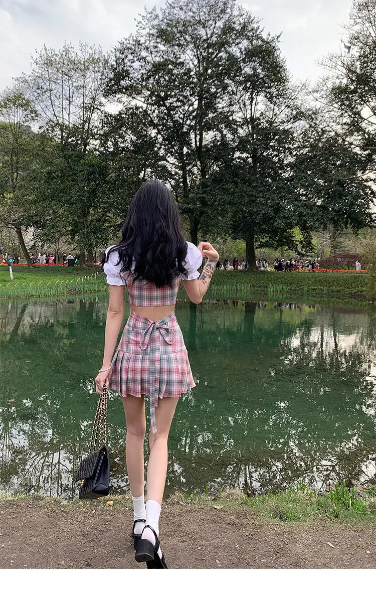 Aiertu Summer Sexy Two Piece Skirt Set Women Patchwork Plaid Korean Fashion Skirt Suit Female Casual Japanese Party Mini Skirt Set 2024 Aiertu