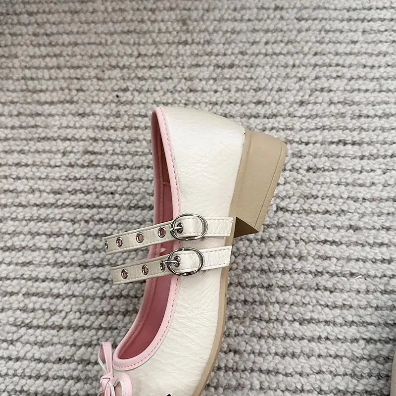 AIERTU  -  Pink Floral Pattern Low Heel Mary Jane Shoes Women Summer Comfort Silver Bowknot Ballet Flats Woman's Lolita Shoes Aiertu