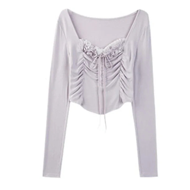 Aiertu 2024 Summer Lace Y2k Basic Crop Tops Women Pure Color Slim Korean T-shirt Fashion Office Lady Casual Clothing Female Design Sexy Aiertu