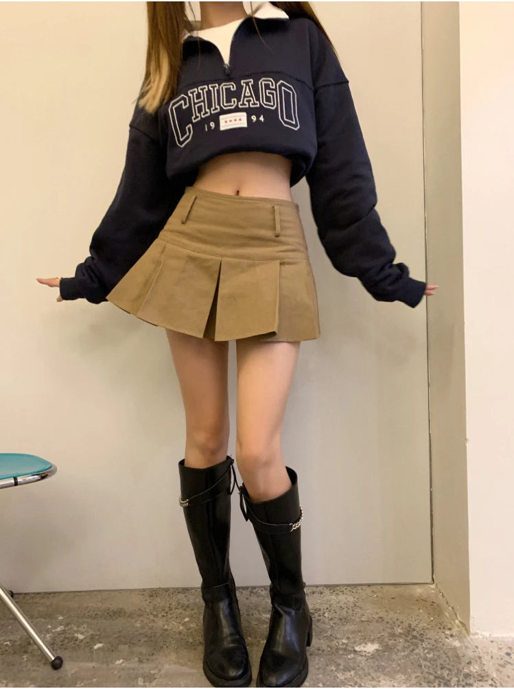 Aiertu Autumn Vintage Brown Elegant A-line Mini Skirts Women Pleated Sexy Club Short Skirt Female Fashion Streetwear Trend Popular Aiertu