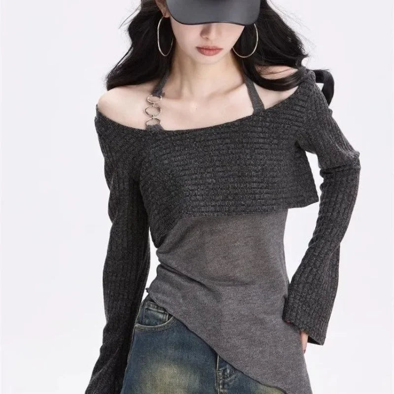 Y2k Off Shoulder Knitted Women T-shirts Set Sexy Korean Style Asymmetric Halter Tops Gyaru Crop Long Sleeve Autumn Tees Aiertu