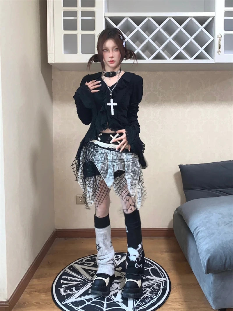 Aiertu V-neck Black Gothic Blouses Women Lace Irregular Long Sleeve Korean Fashion Slim Ladies Shirt Chic Tops Y2k Blousa Aiertu