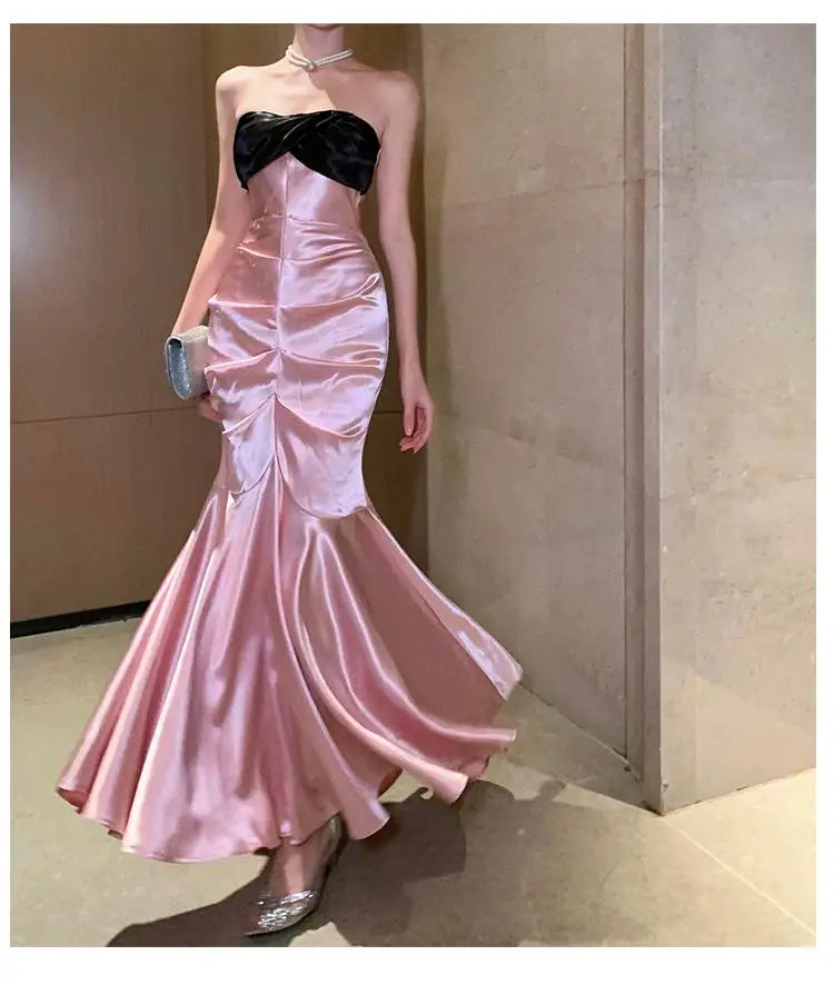 Aiertu Pink Black Patchwork Wrapped Hip Fishtail Long Dress Women Elegant Sleeveless Party Summer Backless Pleated Evening Dresses New Aiertu