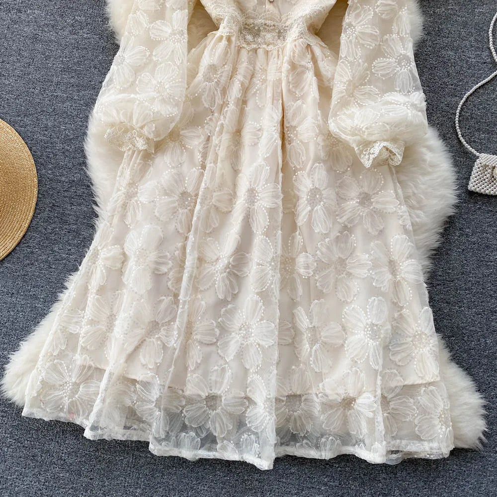 Aiertu Lace French Style Long Dress Summer Women V Neck Long Sleeves Zipper Ladies Sexy Vacation A Line Beach Dresses Aiertu