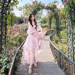 Aiertu Vintage Floral Sweet Midi Dress Women Irregular Elegant Puff Sleeve Fairy Dress Female Autumn Casual Beach Party Dress Chic Aiertu