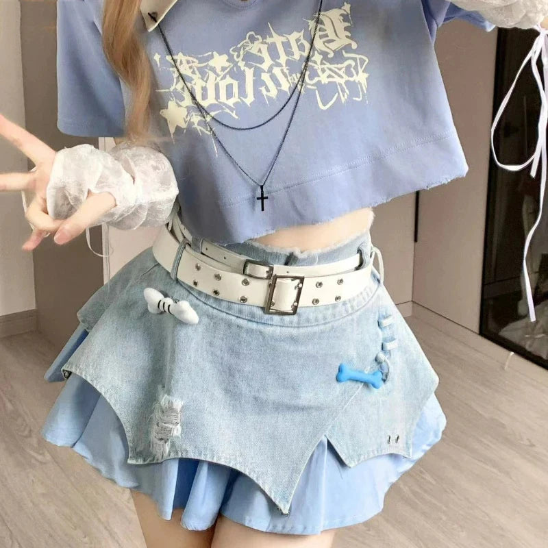 Aiertu Japanese Style Lolita Denim Skirt Gothic Women Harajuku Y2k Patchwork High Waist Mini Skirts Punk E Girl Irregular Sexy Skirts Aiertu