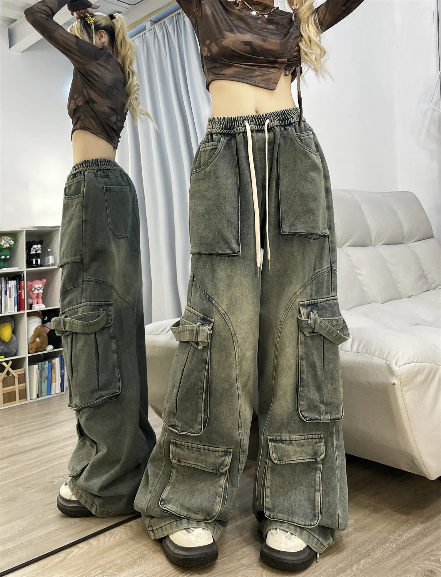 Aiertu Autumn Winter New Ladies Cargo Jeans American Street Style Baggy Cargo Pants Women Blue Multi-pocket Wide Leg Jeans for Women Aiertu