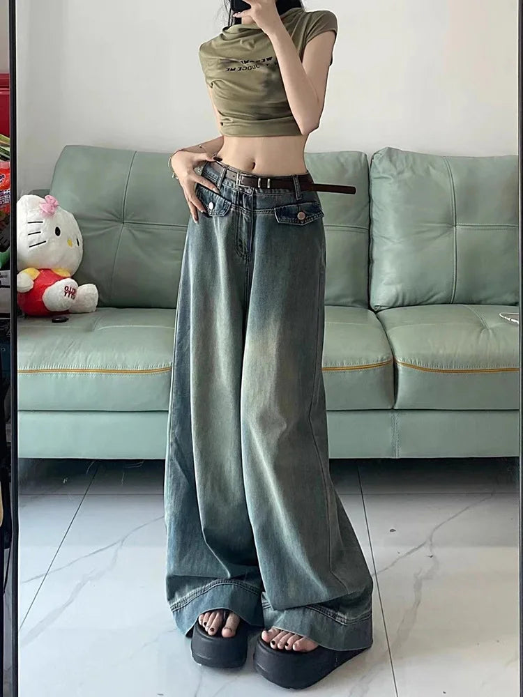Aiertu Spring Women Vintage Y2k Baggy Jeans High Waist Oversized American Trouser Denim Wide Leg Streetwear Straight Basic Pants Aiertu