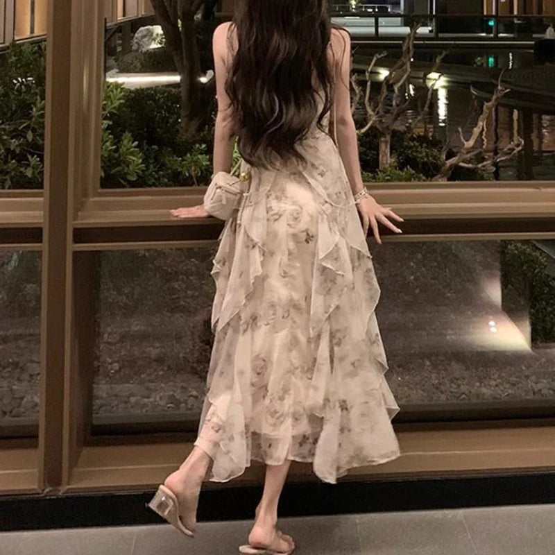 Aiertu Elegant Holiday Dresses for Women Long Floral Chiffon Midi Dress Sleeveless Vintage Dress Fairy Slim Party Casual aiertu