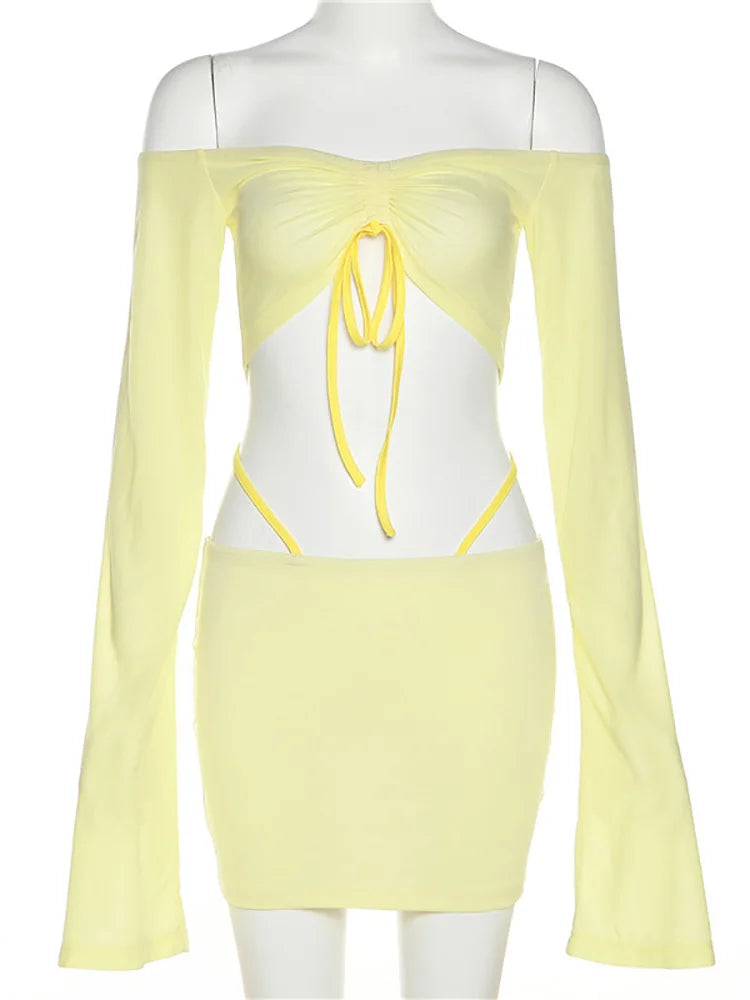 Aiertu Y2K Aesthetics Sexy Co-ord Sets Yellow 2000s Clubwear Off Shoulder Flare Sleeve Crop Tops and Micro Skirt 2 Piece Suits aiertu