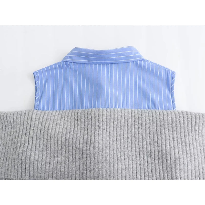 Aiertu Women Open Design Patchwork Cardigan Vintage Lapel Collar Long Sleeve Female Crop Knitwear Aiertu
