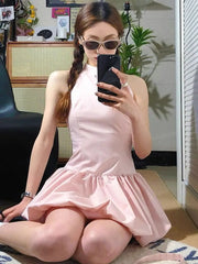 Aiertu Coquette Y2k Pink Halter Mini Dress Women 2024 Summer Fashion Off Shoulder Party Short Dresses with Belt Aiertu