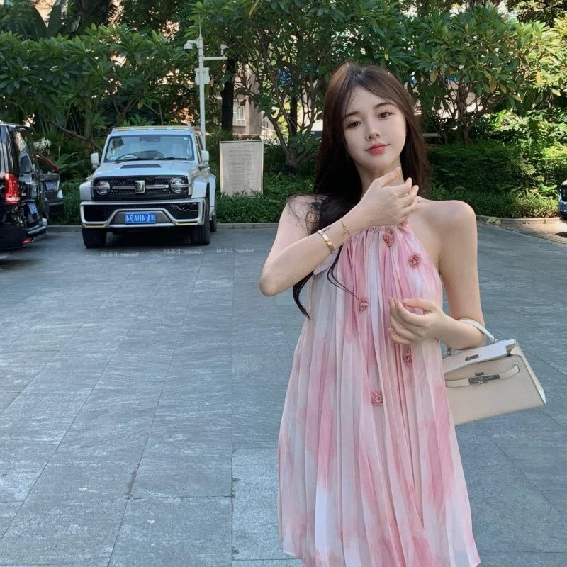 Aiertu Pink Chiffon Sexy Strap Dress Women Korean Sleeveless Sweet Fairy Dress Women 2024 Summer Beach Casual Beach Evening Party Dress Aiertu