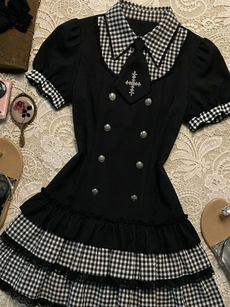 AIERTU  -  Summer Gothic Dark Plaid Design Sweet Cool Lace Splicing Grid Short Sleeve Pleate Dresses Women Y2k Trendy Double-Breasted Dress Aiertu