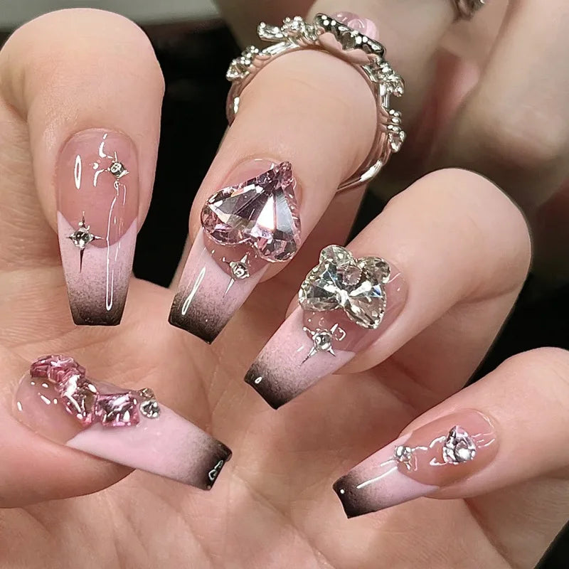 Aiertu 24Pcs Valentine Nails Press on Love Y2k Acrylic Nails Sparkle Butterfly French Cat Eye Almond Full Cover Stick on False Nail Tip Aiertu