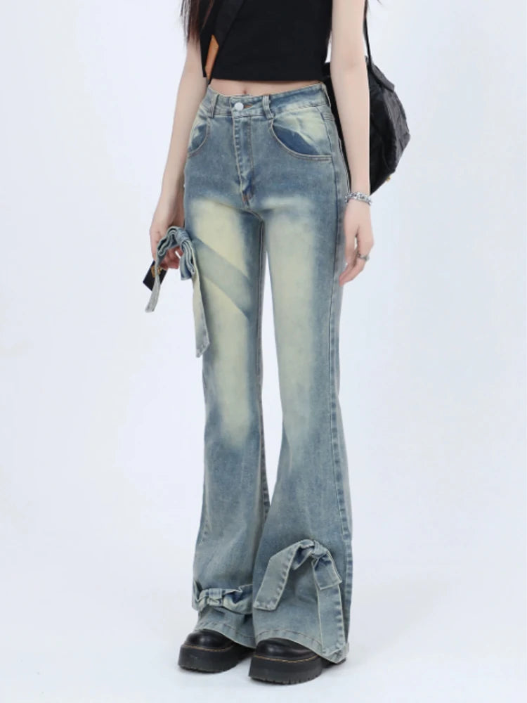 Aiertu Women's Blue Bow Flare Jeans Harajuku 90s Aesthetic Streetwear Baggy Denim Trousers Y2k Jean Pants Vintage 2000s Trashy Clothes Aiertu