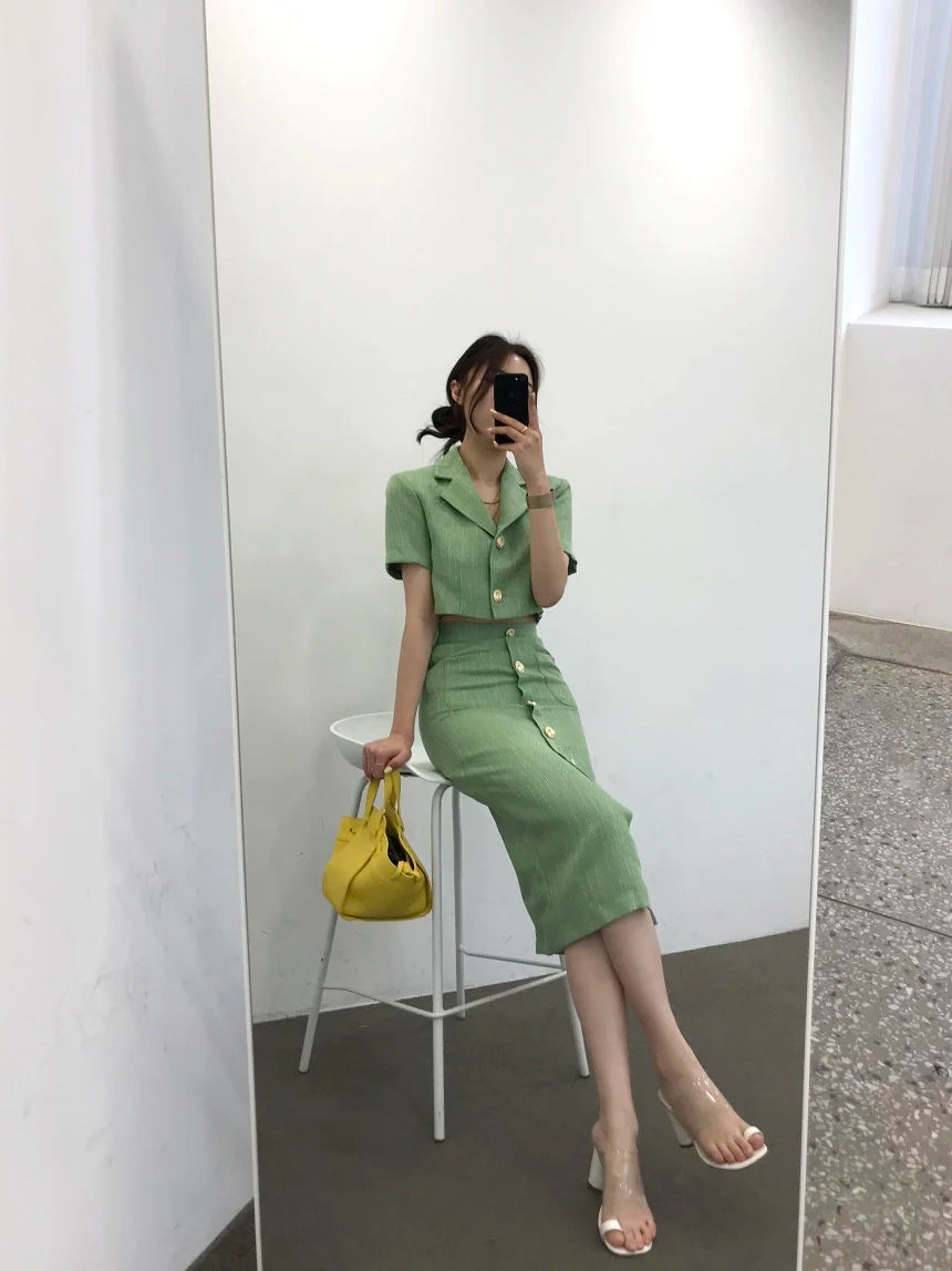 Aiertu Fashion Korea Elegant Lapel Thin Tweed Small Suit Short Jacket + High Waist Chic Button Slim Women Two Piece Skirt Sets Summer Aiertu