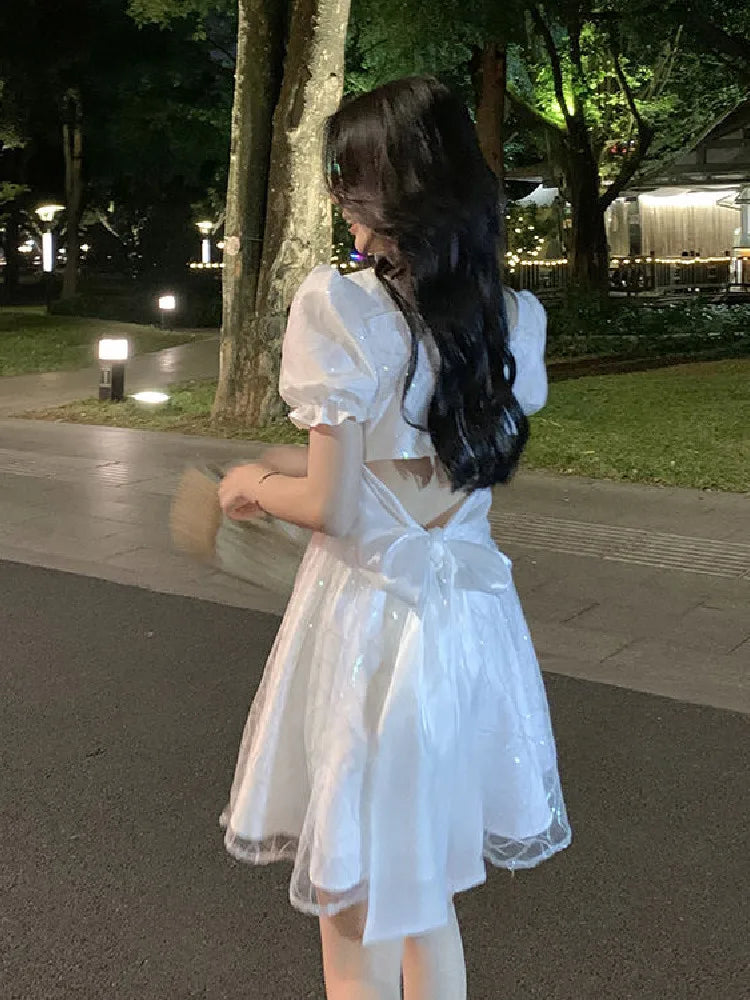 Aiertu Women Sweet Pink Puff Sleeve A-line Mini Dress Female Mesh  Square Collar Holiday Dress Shiny Girl Design Dress Aiertu