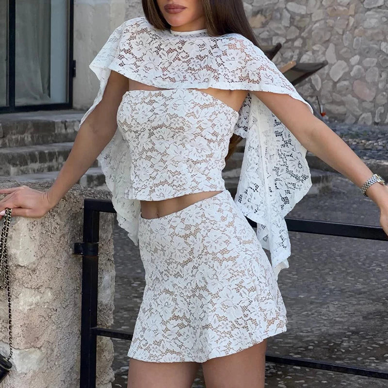 AIERTU  -  Summer Party Two Piece Suit Embroidery Floral Lace Slim Women's Set Sexy Shawl Strapless Hollow Top & Bodycon Mini Skirts Outfit Aiertu