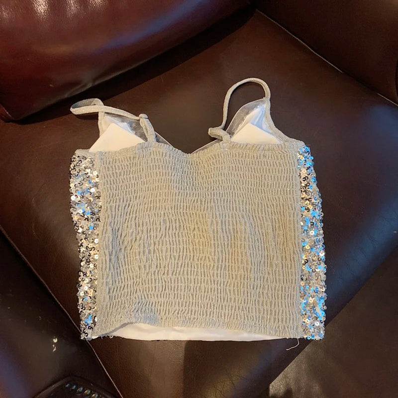 Sexy Sequin Party spaghetti Croset Bustier backless Slim Tanks and Camis Strap Glitter Crop Top Fashion Summer Women Clothes Y2k Aiertu
