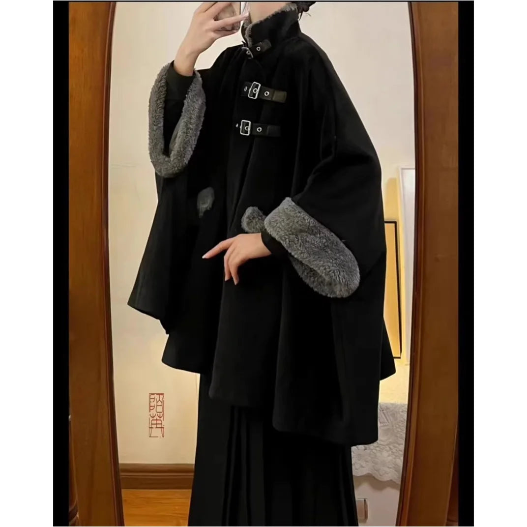 Aiertu Chinese Style Cloak Coat Women New Chinese High end Plush Capes Autumn and Winter Loose Causal Warm Black Coat Women Clothing Aiertu