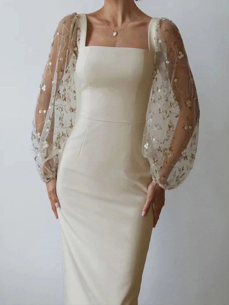 Aiertu Autumn White Dress Women Sexy See Through Lace Embroidery Long Dresses Female Elegant Square Collar Puff Sleeve Slim Party Dress Aiertu