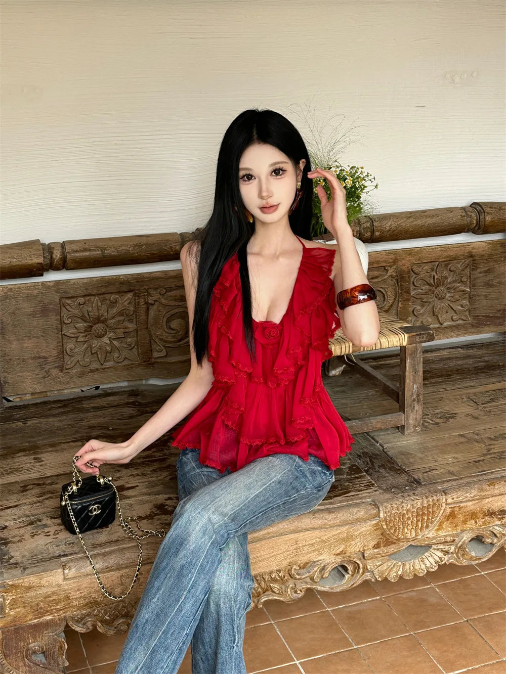 AIERTU  -  Women Camisoles V-neck Retro Ruffle Edge Irregular Pleats Halter Exposed Back Elastic Slim Fit Sexy Temperament Strapless Top Aiertu