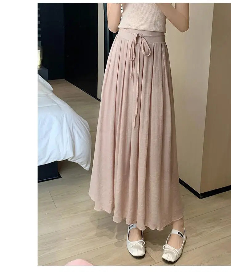 Aiertu Women Elegant High Waist Maxi Lace Up Skirt Summer Ladies Casual Elastic Waist Pleated Long Skirts Fairy A-line Mid Length Aiertu