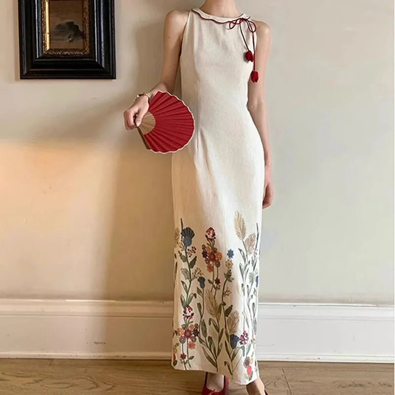AIERTU  -  Women Dress New Chinese Style Printed Cheongsam Design Round Neck Tie Up Sleeveless Slim Fit Artistic Eetro Texture Long Dresses Aiertu