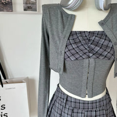 Aiertu Women's Y2K Original Design Plaid Splice Three Piece Set Maillard Spicy Girls 90S Style Bra Short Coat Slim Fit Short Skirt Aiertu
