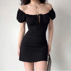 Aiertu DRESS TO IMPRESS Summer Sexy Mini Dress Women Short Sleeved Lace up Hollow Casual Backless Folds Bodycon Black Dress Party Elegant A-LINE Dresses aiertu