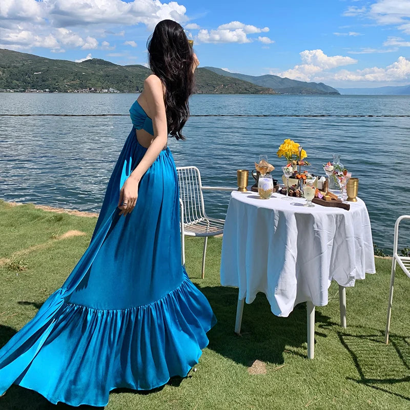 Aiertu Summer New Women's Blue Sexy Club Hanging Neck Hollowed Backless Pleated Long Dress Birthday Evening Party Bandage Sundress Aiertu