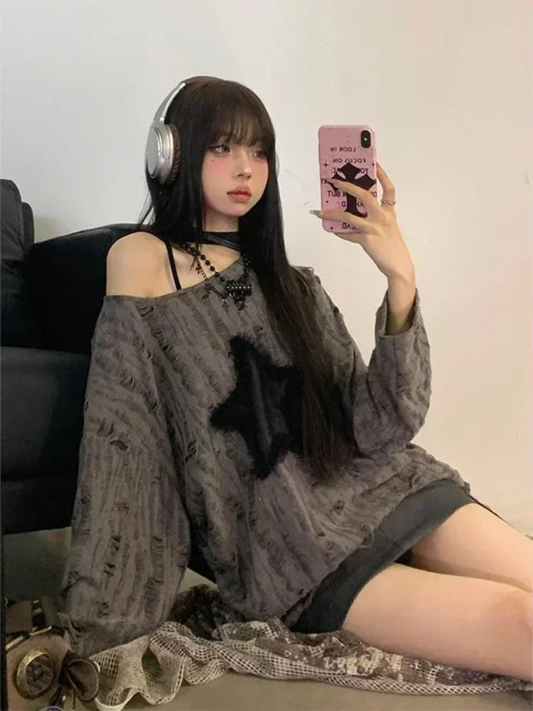 Aiertu Grunge Hole T-shirt Women Fashion Star Print Y2k Aesthetic Loose Tees Kpop Fairycore Ripped Tshirt Harajuku Gothic Streetwear Aiertu
