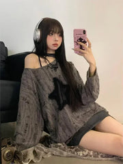 Aiertu Grunge Hole T-shirt Women Fashion Star Print Y2k Aesthetic Loose Tees Kpop Fairycore Ripped Tshirt Harajuku Gothic Streetwear Aiertu
